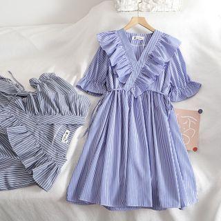 Short-sleeve Ruffle Striped Midi A-line Dress