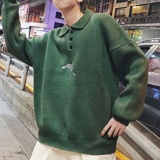 Crane Embroidered Polo Sweater