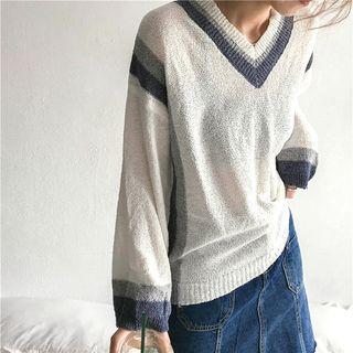 Color-block Striped V-neck Loose-fit Knit Top