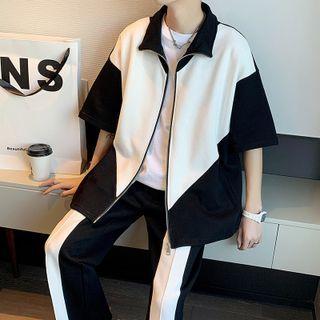 Set: Elbow-sleeve Zip-up Jacket + Straight Leg Pants