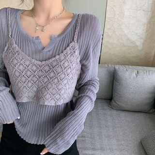 Long-sleeve Split-neck Ribbed Top
