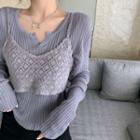 Long-sleeve Split-neck Ribbed Top
