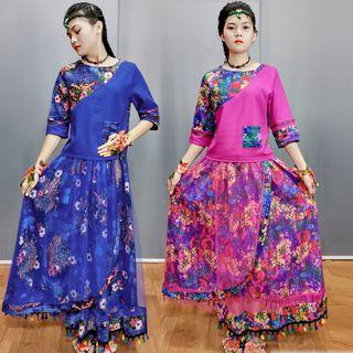Set: Elbow-sleeve Floral Top + Skirt