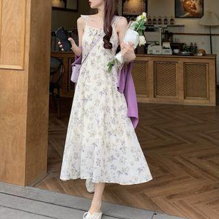 Spaghetti Strap Floral Print Chiffon Midi Dress / Cardigan