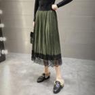 Lace Panel A-line Pleated Midi Skirt