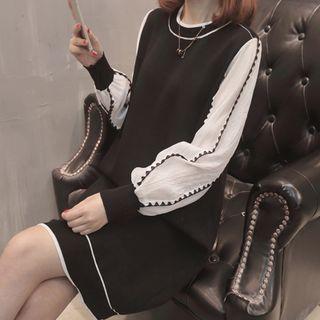 Contrast Trim Long-sleeve Knit Dress Black - One Size