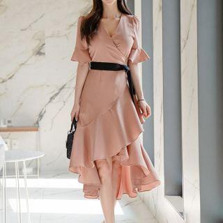 Short-sleeve Irregular Hem Wrap Dress