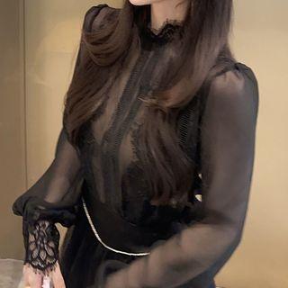 Set: Lace Trim Mesh Top + High Waist Skirt