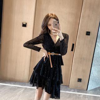 Asymmetric Long-sleeve Rhinestone A-line Layered Dress