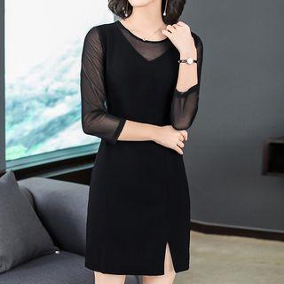 Long-sleeve Mesh Panel Straight-fit Dress