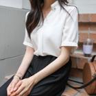 Stand-collar Puff-sleeve Crepe Blouse