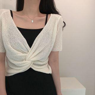 Short-sleeve Perforated Knotted Knit Top