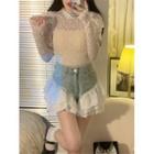 Long-sleeve Lace Top / Denim Shorts