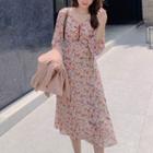 Plain Double-breasted Blazer / Long-sleeve Flower Print Midi A-line Dress