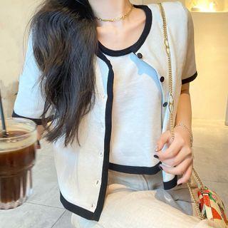 Set: Short-sleeve Contrast Trim Cardigan + Knit Tank Top