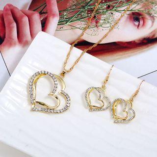 Set : Heart Rhinestone Pendant Necklace + Dangle Earring