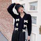 Long-sleeve Bow Accent Knit Cardigan Black - One Size