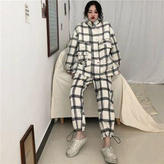 Stand Collar Plaid Buttoned Jacket / Wide-leg Pants