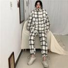 Stand Collar Plaid Buttoned Jacket / Wide-leg Pants