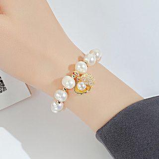 Shell Rhinestone Pendant Freshwater Pearl Alloy Bracelet 1019 - Gold - One Size