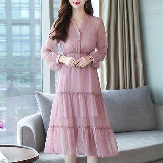 Set: Long-sleeve Midi A-line Chiffon Dress + Spaghetti Strap Dress