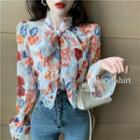 Bow Accent Flower Print Blouse