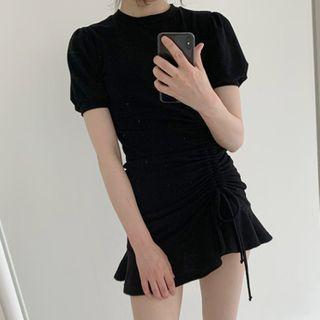 Plain Drawstring Dress Black - One Size