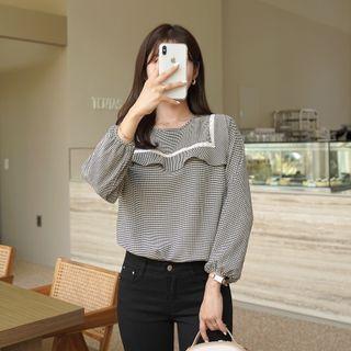 Lace-trim Ruffled Checked Blouse