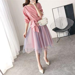 Set: Ribbon-accent Striped Top + Mesh Skirt