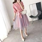 Set: Ribbon-accent Striped Top + Mesh Skirt