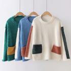 Contrast-color Pocket Round-neck Knit Sweater