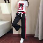 Set: Printed Short-sleeve T-shirt + Striped Pants