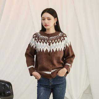 Round-neck Pattern Cardigan Brown - One Size