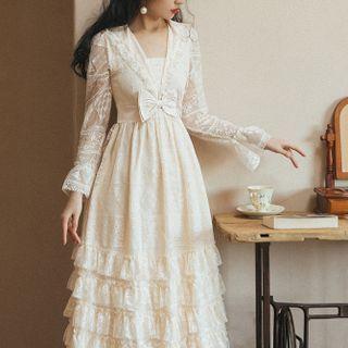 Long-sleeve Sailor Collar Tiered Lace Midi A-line Dress