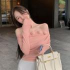 Long-sleeve Off-shoulder Flower Applique Top Pink - One Size