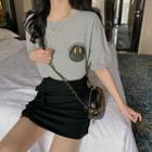 Set: Smiley Face Print Short-sleeve T-shirt + Shirred Mini Pencil Skirt
