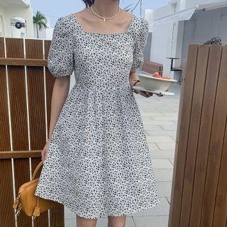 Puff-sleeve Cutout-back Floral Mini A-line Dress