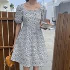 Puff-sleeve Cutout-back Floral Mini A-line Dress