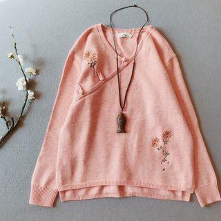 Floral Embroidery Frog Buttoned Sweater