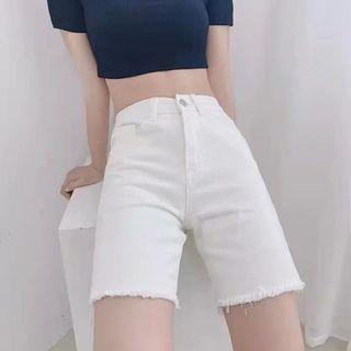 High Waist Raw Hem Straight Fit Denim Shorts