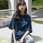 Chinese Character Print Short-sleeve T-shirt Blue - One Size