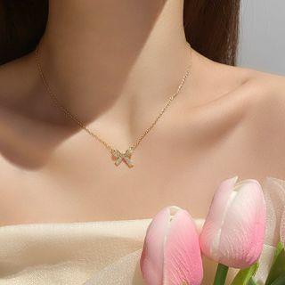 Rhinestone Necklace Necklace - Bow - Gold - One Size