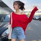 Plain Long-sleeve T-shirt Red - One Size