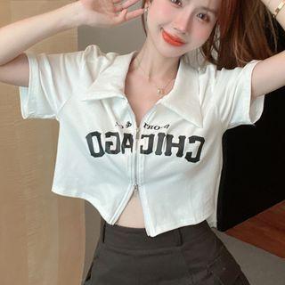 Short-sleeve Polo-neck Lettering Zip Cropped Top