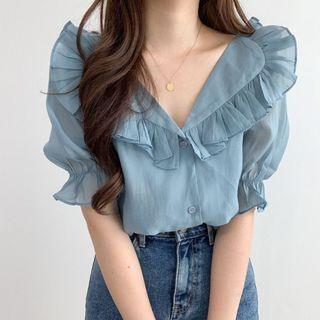Puff-sleeve Collar Ruffled Chiffon Blouse