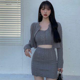 Set: Cable Knit Crop Tank Top + Mini Pencil Skirt + Cardigan