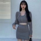 Set: Cable Knit Crop Tank Top + Mini Pencil Skirt + Cardigan