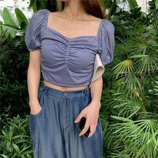 Puff-sleeve Check Crop Top