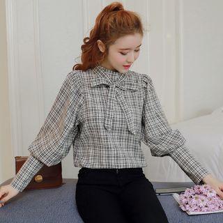 Long-sleeve Check Tie-neck Shirt