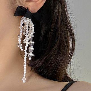 Bow Faux Pearl Fringed Earring 1 Pair - 925 Silver Needle - Black & White - One Size